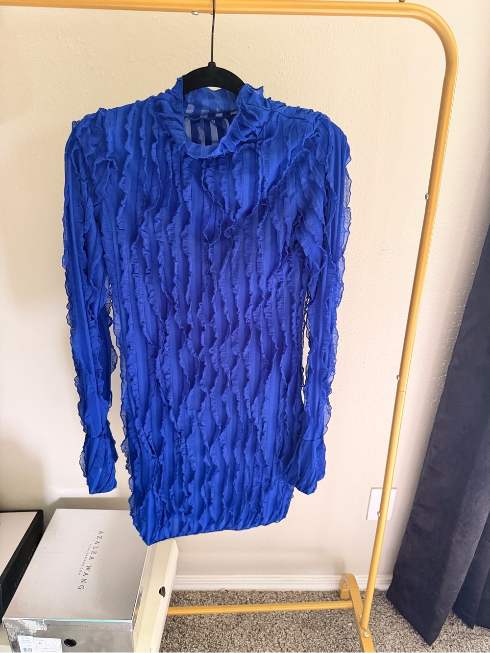 Ruffled Long Sleeve Sheer Dress in Cobalt Blue